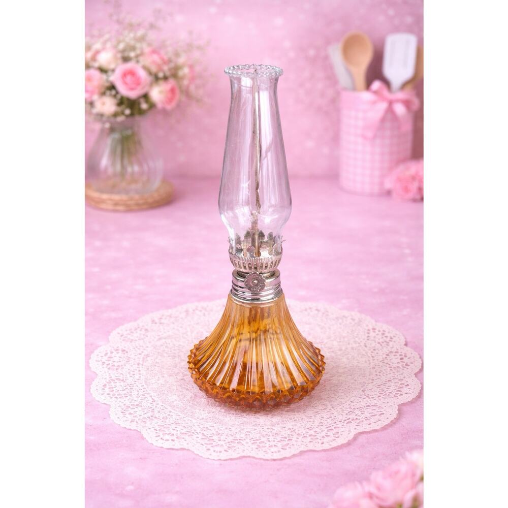 Lamplight Farms Glass Mini Oil Lamp W/ CLEAR Shade 9" Tall Amber Working